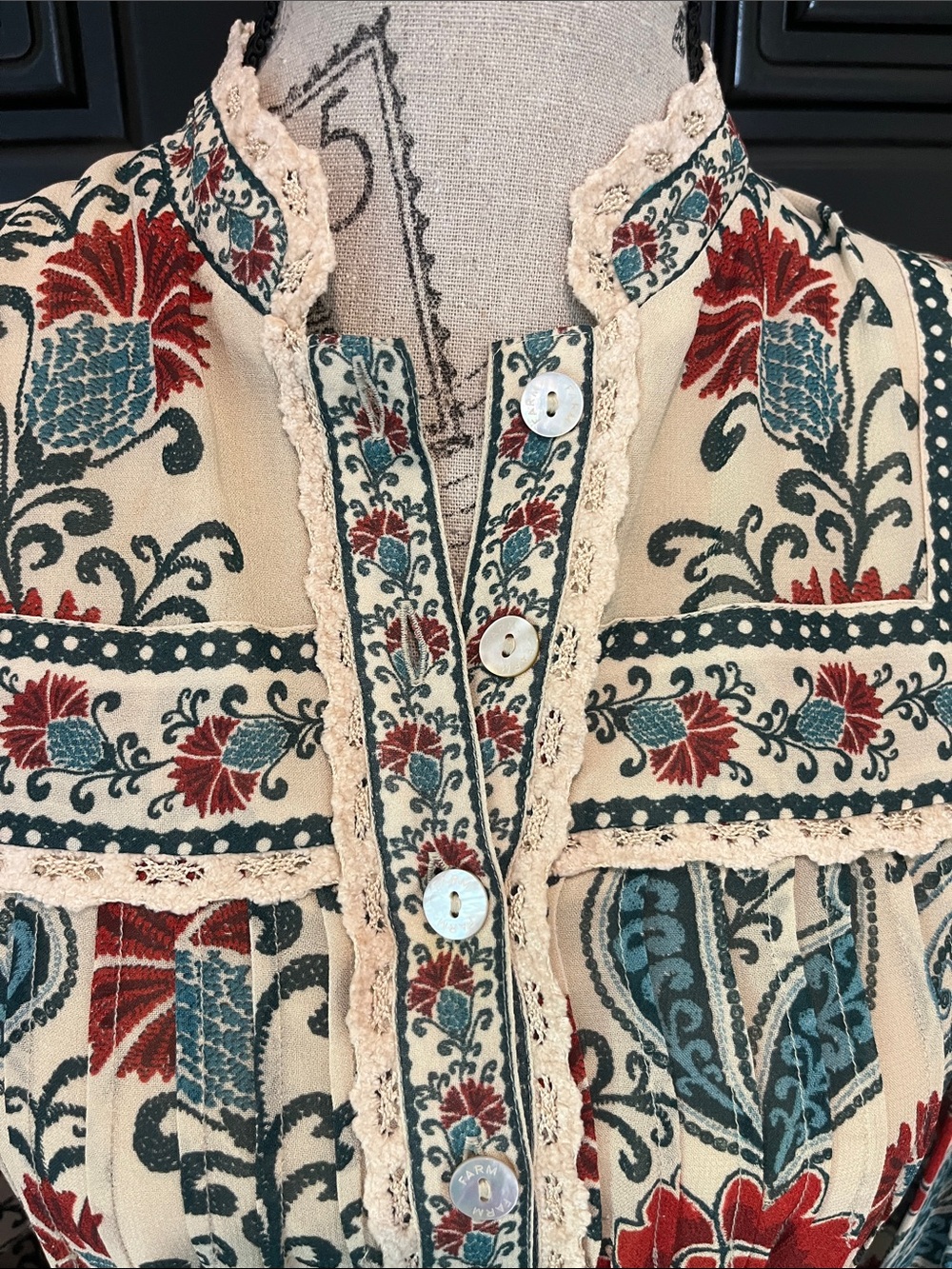 FARM Rio Cream Shirt Dress with Red & Teal Floral Print - Picture 3 of 7